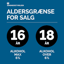 Aldersgrænse for salg: 16 år for alkohol under 16,5% og 18 år for alkohol fra 16,5%